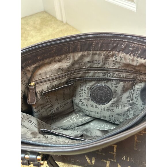 Etienne Aigner Signature Canvas Leather Edge Tote Shoulder Bag Chocolate Brown - Picture 12 of 16